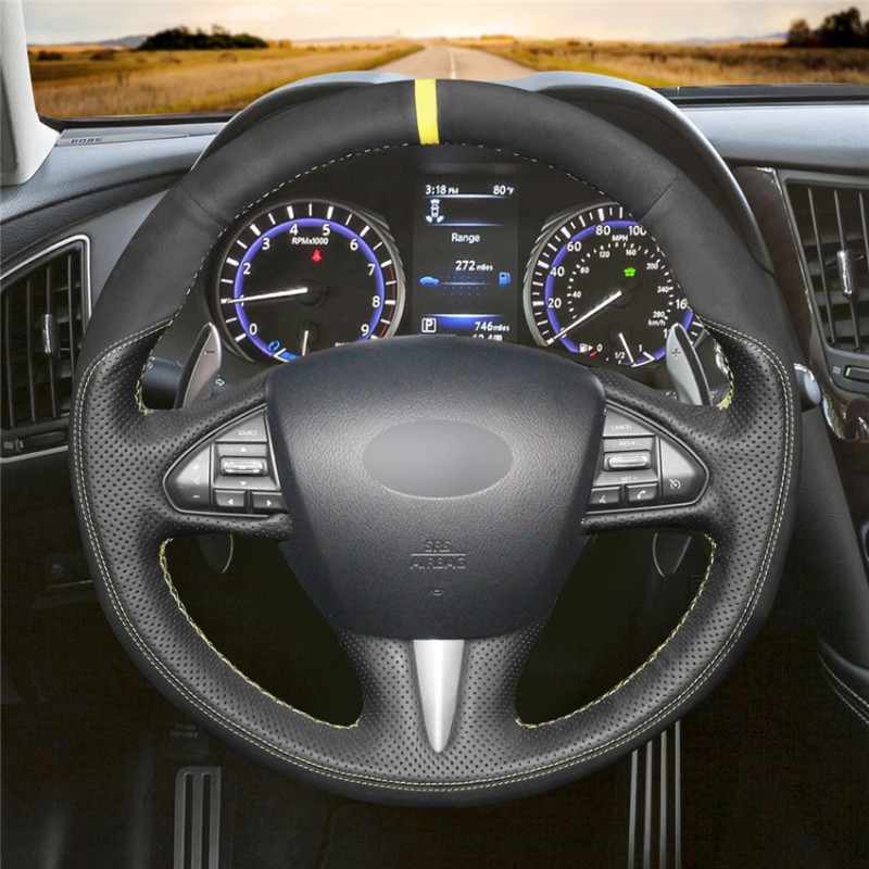Loncky Auto Custom Fit OEM Black Genuine Leather Suede Car Steering Wheel Cover for Infiniti Q50
